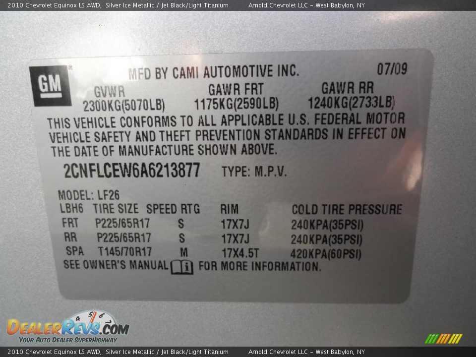 Info Tag of 2010 Chevrolet Equinox LS AWD Photo #17