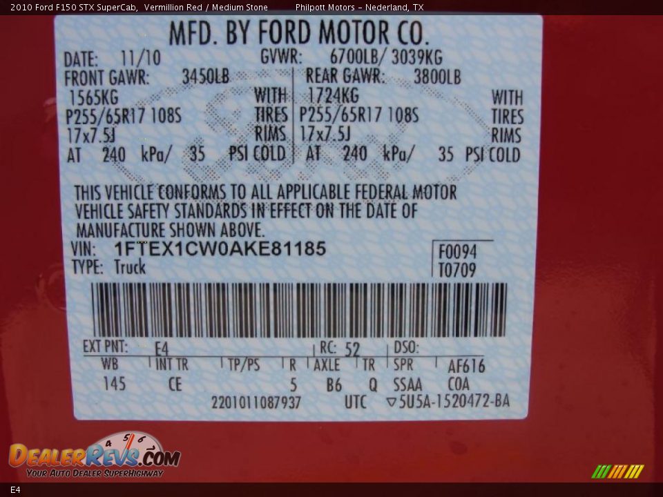 Ford Color Code E4 Vermillion Red