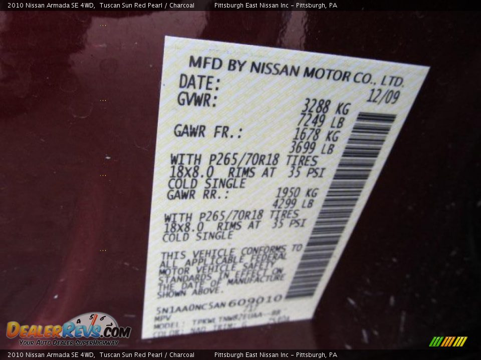 2010 Nissan Armada SE 4WD Tuscan Sun Red Pearl / Charcoal Photo #15