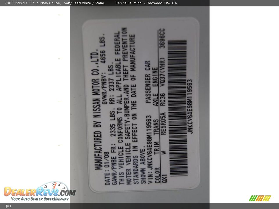 Infiniti Color Code QX1 Ivory Pearl White