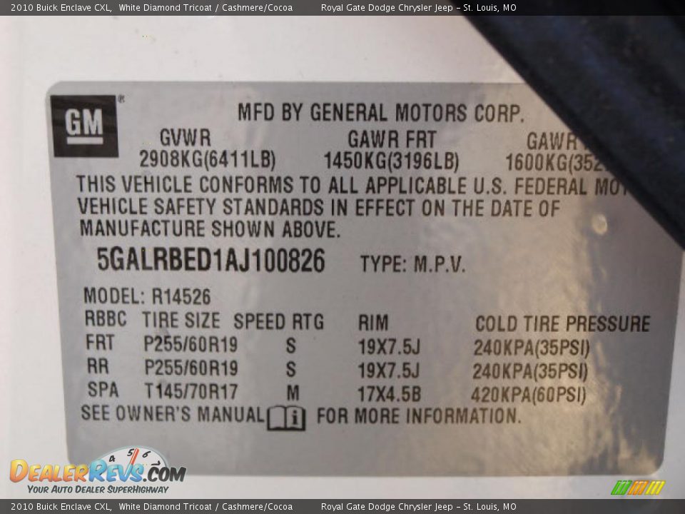 Info Tag of 2010 Buick Enclave CXL Photo #17
