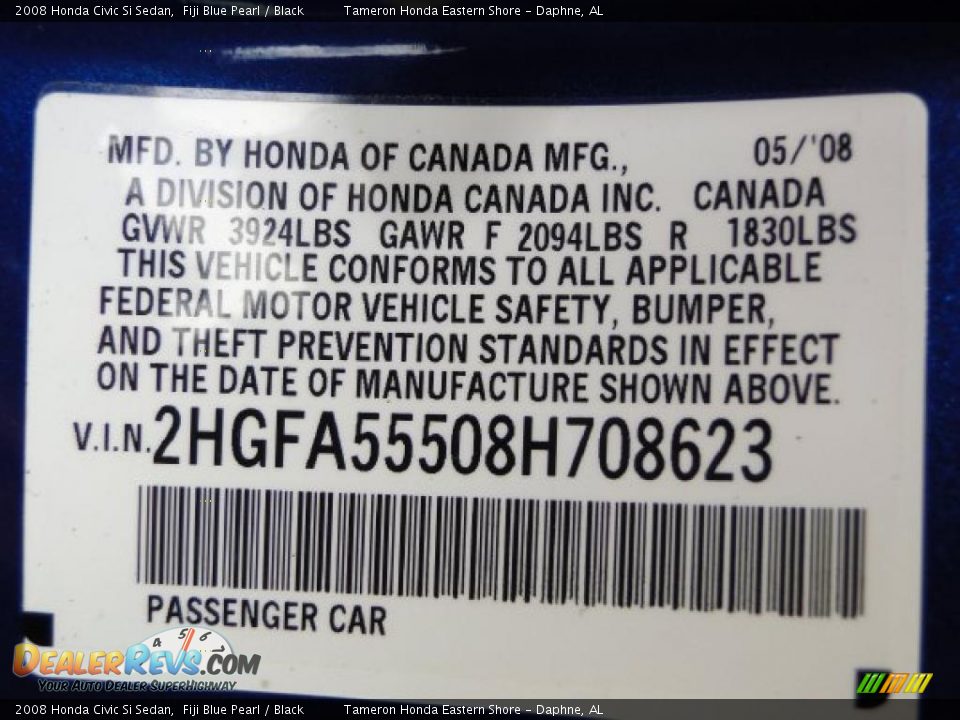 2008 Honda Civic Si Sedan Fiji Blue Pearl / Black Photo #36