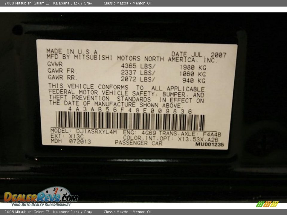 2008 Mitsubishi Galant ES Kalapana Black / Gray Photo #16