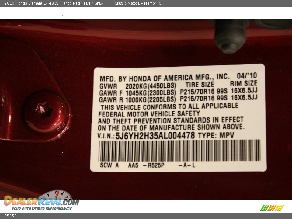 Honda Color Code R525P Tango Red Pearl