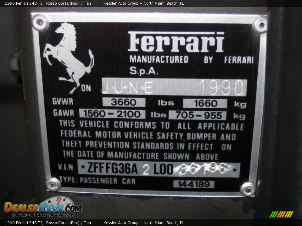 Info Tag of 1990 Ferrari 348 TS Photo #32