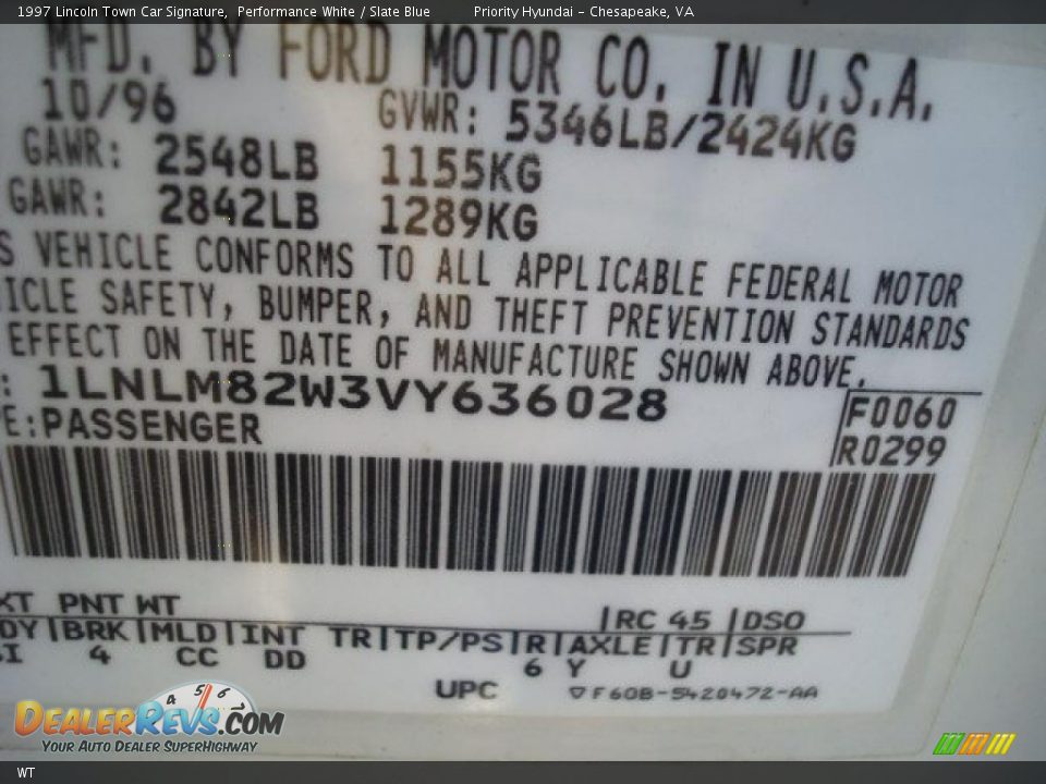 Lincoln Color Code WT Performance White