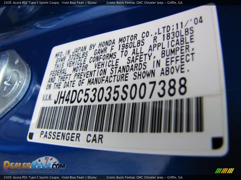 Info Tag of 2005 Acura RSX Type S Sports Coupe Photo #22