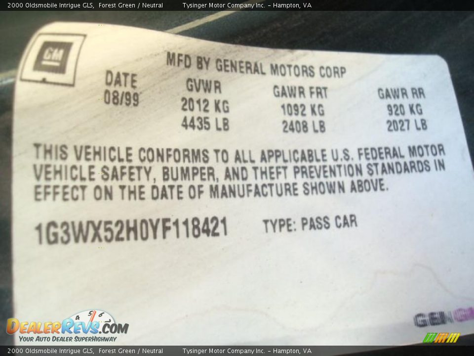 2000 Oldsmobile Intrigue GLS Forest Green / Neutral Photo #22