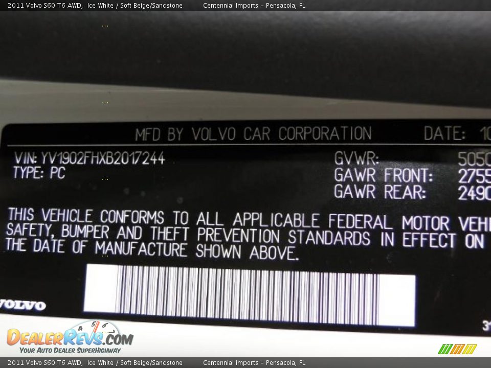Info Tag of 2011 Volvo S60 T6 AWD Photo #30