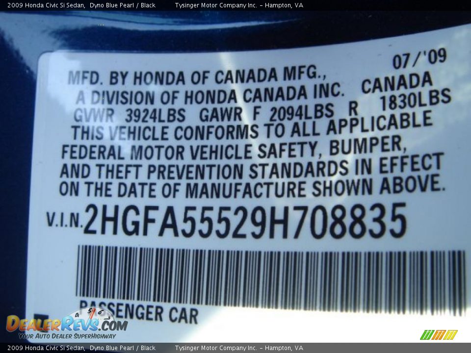 2009 Honda Civic Si Sedan Dyno Blue Pearl / Black Photo #23