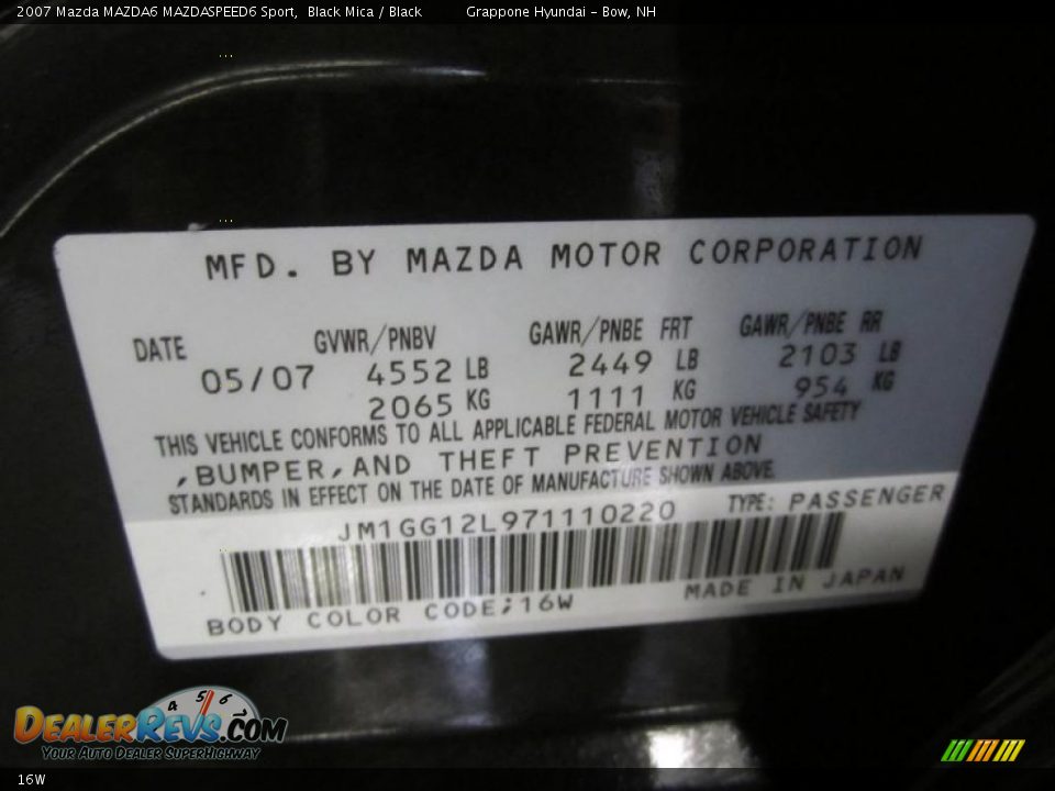 Mazda Color Code 16W Black Mica