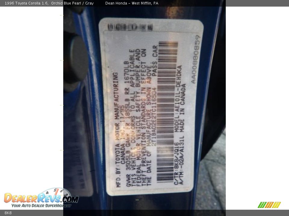Toyota Color Code 8K8 Orchid Blue Pearl