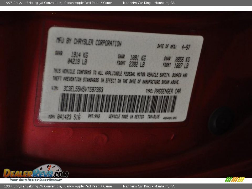 1997 Chrysler Sebring JXi Convertible Candy Apple Red Pearl / Camel Photo #8