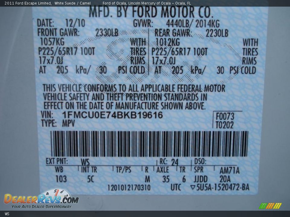 Ford Color Code WS White Suede