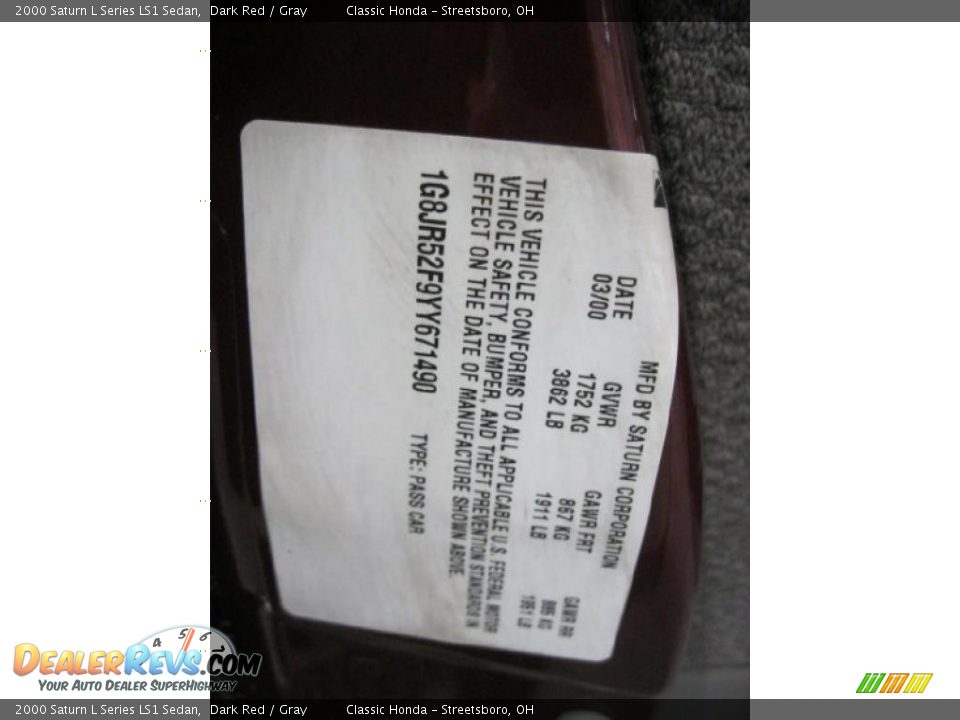 2000 Saturn L Series LS1 Sedan Dark Red / Gray Photo #17