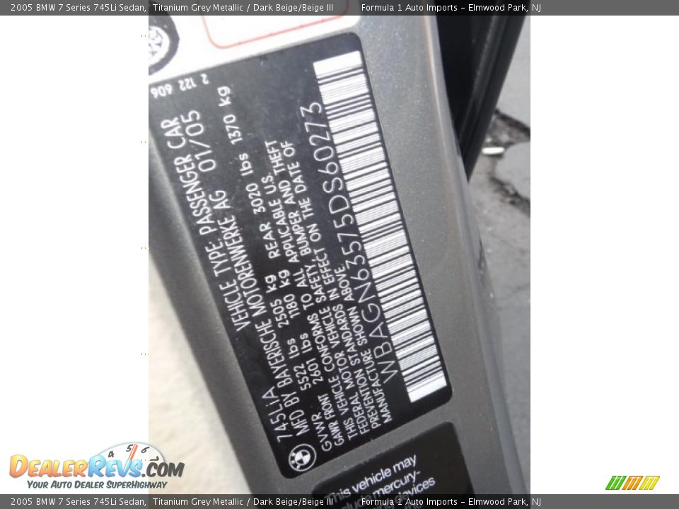 Info Tag of 2005 BMW 7 Series 745Li Sedan Photo #29