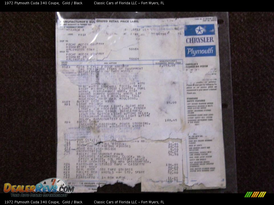 1972 Plymouth Cuda 340 Coupe Window Sticker Photo #17