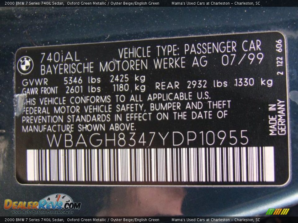 Info Tag of 2000 BMW 7 Series 740iL Sedan Photo #28