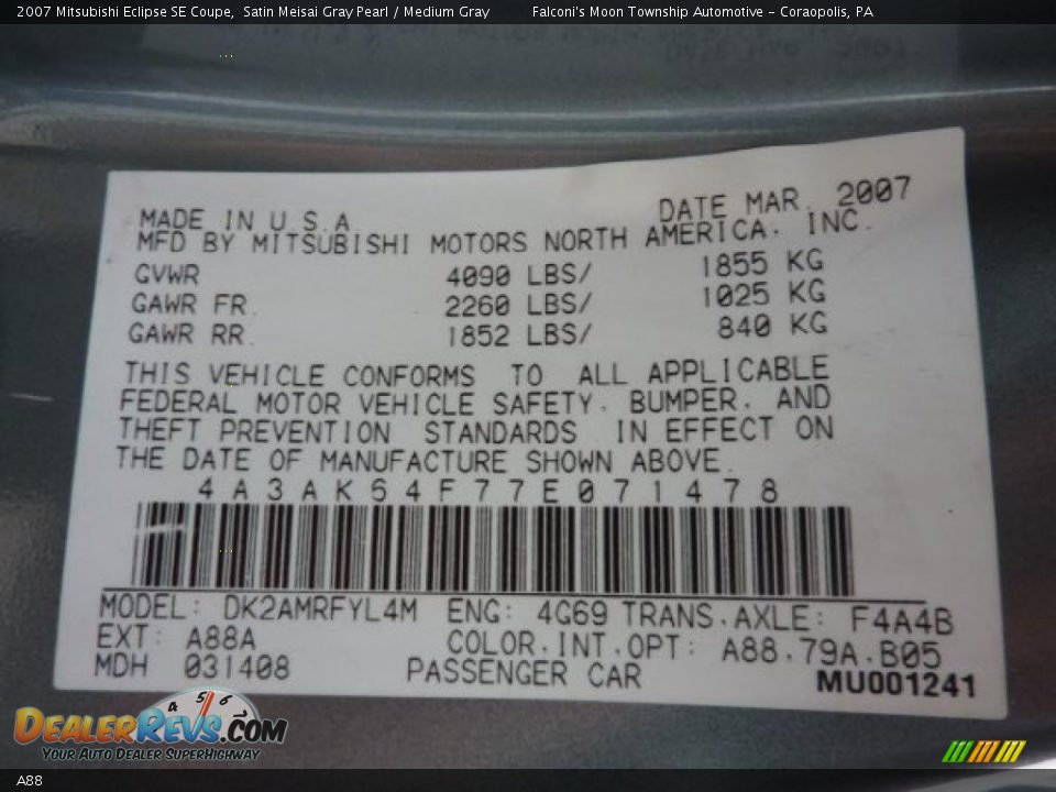 Mitsubishi Color Code A88 Satin Meisai Gray Pearl