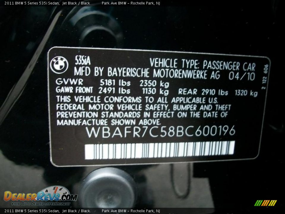 2011 BMW 5 Series 535i Sedan Jet Black / Black Photo #33