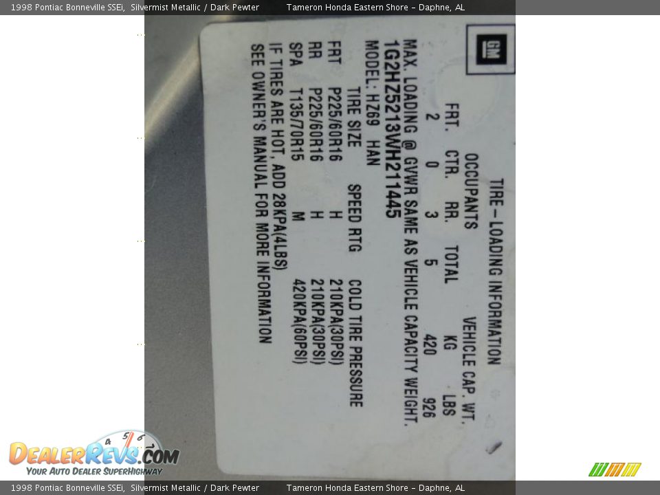 Info Tag of 1998 Pontiac Bonneville SSEi Photo #34