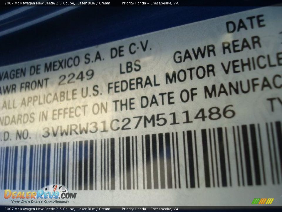 2007 Volkswagen New Beetle 2.5 Coupe Laser Blue / Cream Photo #26