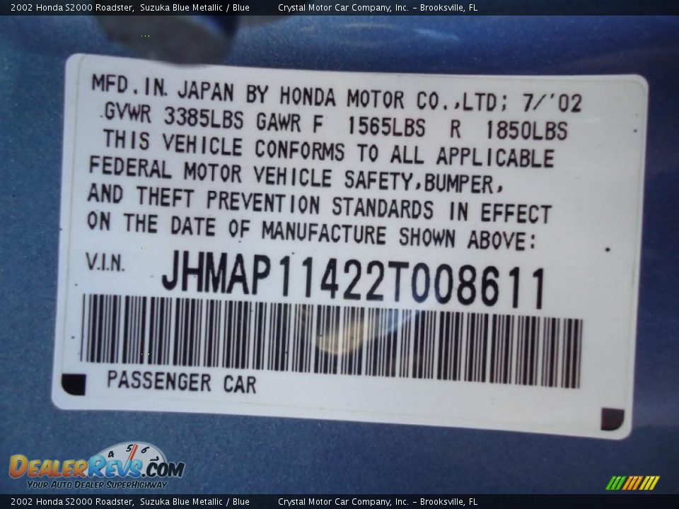 Info Tag of 2002 Honda S2000 Roadster Photo #34