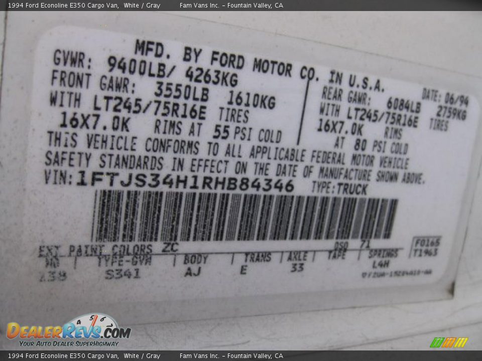 1994 Ford Econoline E350 Cargo Van White / Gray Photo #12