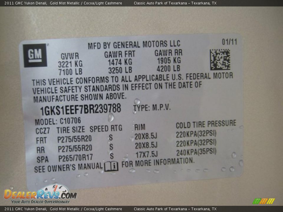 Info Tag of 2011 GMC Yukon Denali Photo #31