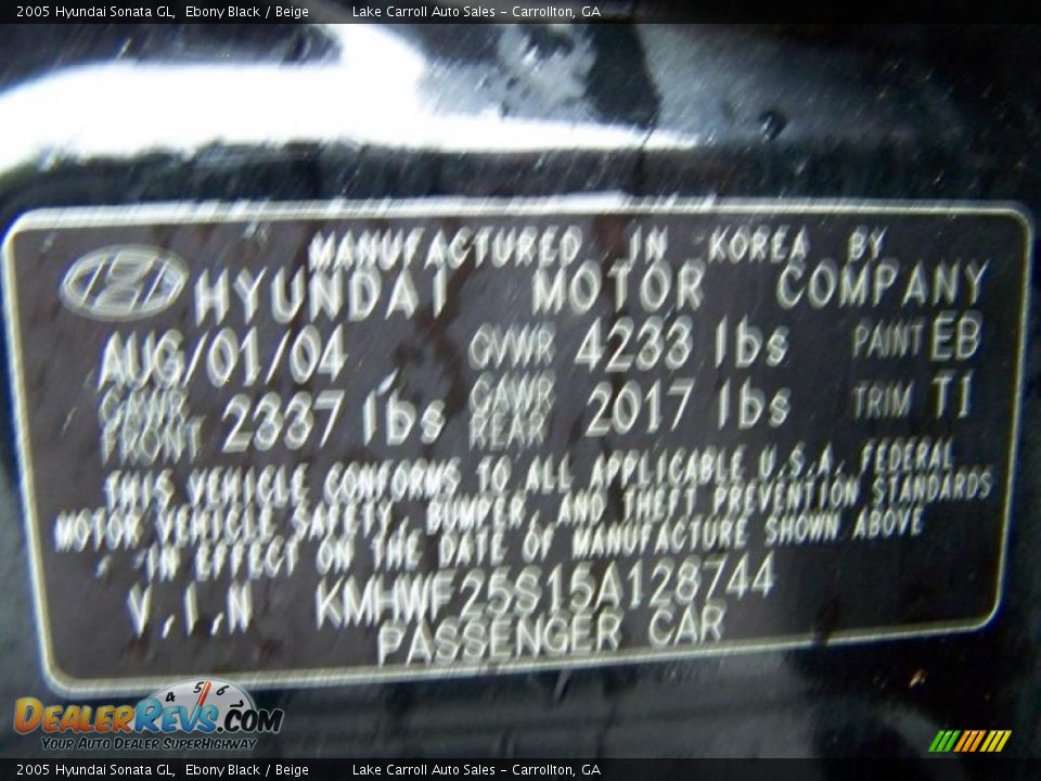 2005 Hyundai Sonata GL Ebony Black / Beige Photo #33