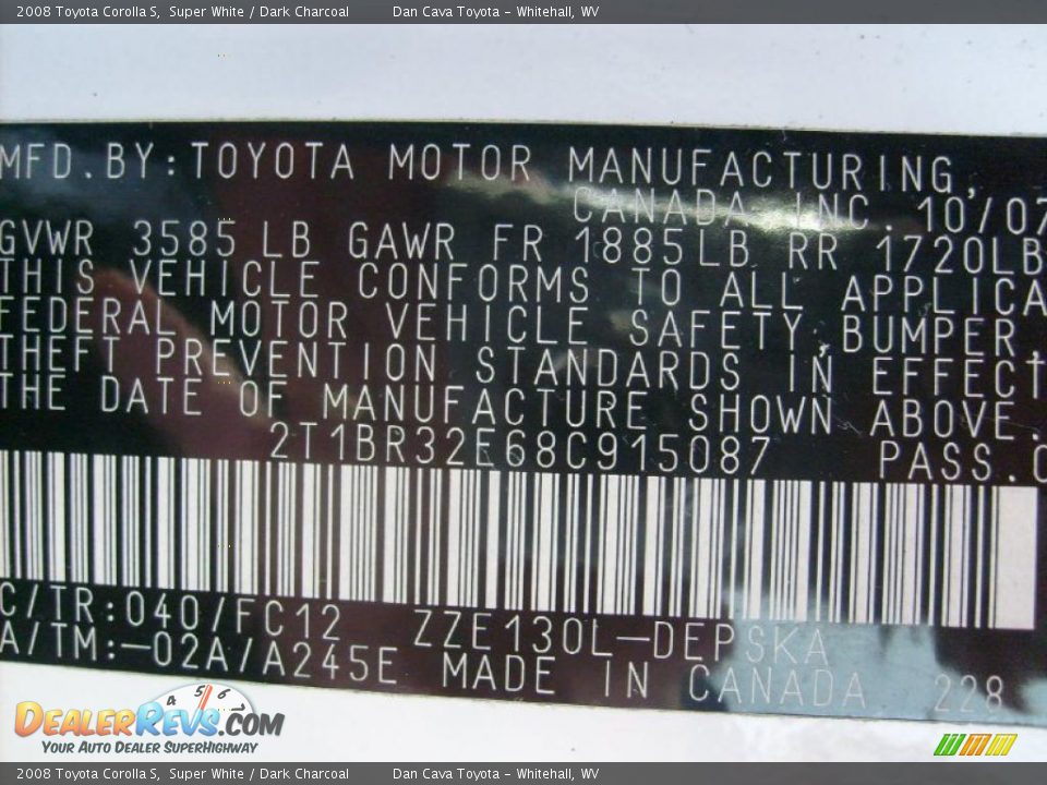 2008 Toyota Corolla S Super White / Dark Charcoal Photo #13