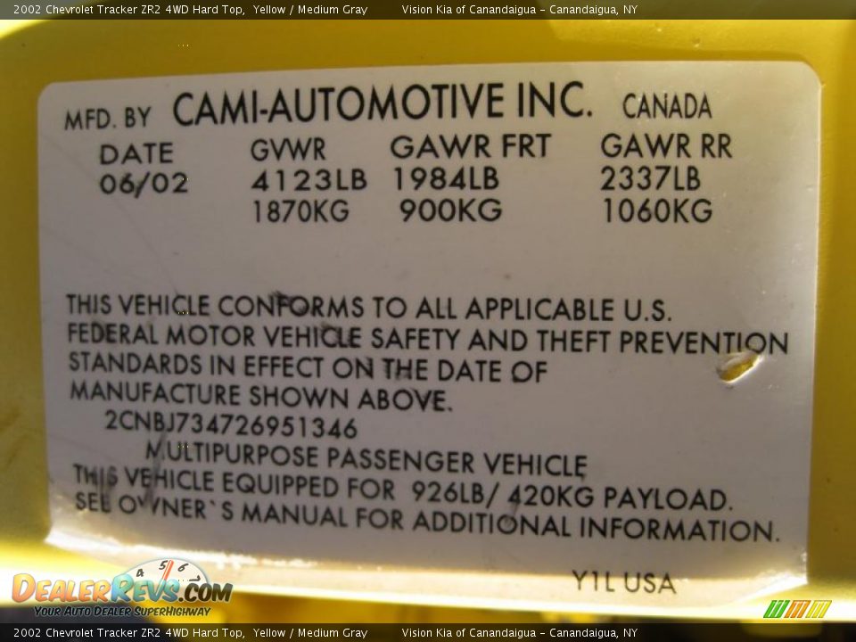 Info Tag of 2002 Chevrolet Tracker ZR2 4WD Hard Top Photo #27