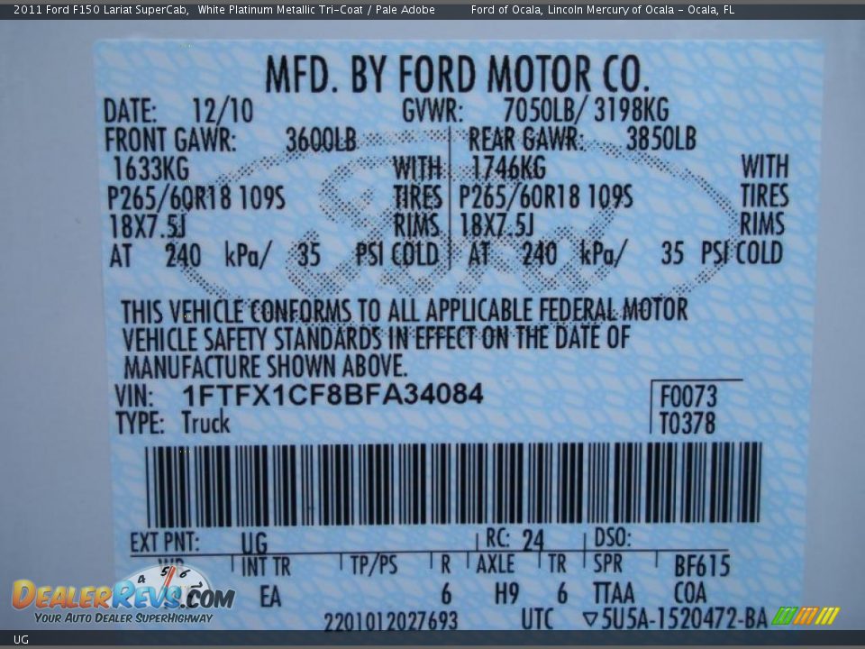 Ford Color Code UG White Platinum Metallic TriCoat