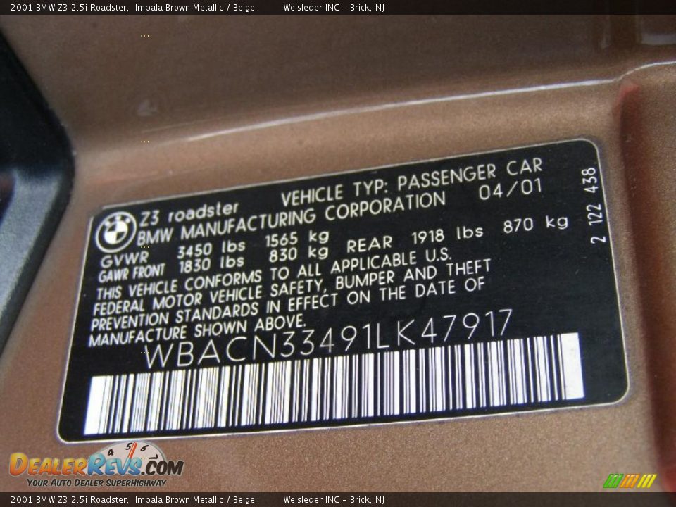 Info Tag of 2001 BMW Z3 2.5i Roadster Photo #16