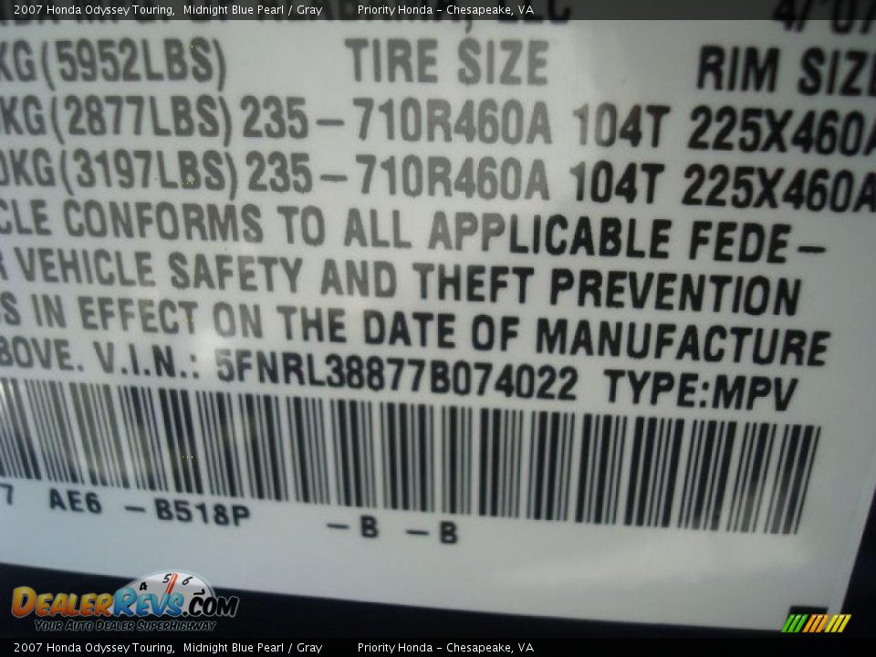 2007 Honda Odyssey Touring Midnight Blue Pearl / Gray Photo #31