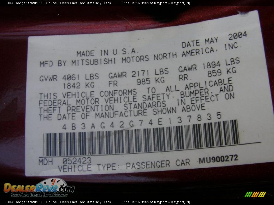 Info Tag of 2004 Dodge Stratus SXT Coupe Photo #11