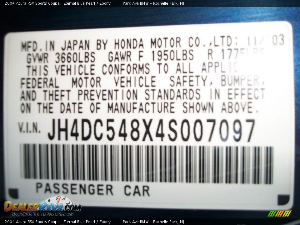 Info Tag of 2004 Acura RSX Sports Coupe Photo #34