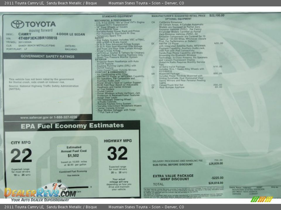 2011 Toyota Camry LE Window Sticker Photo #10