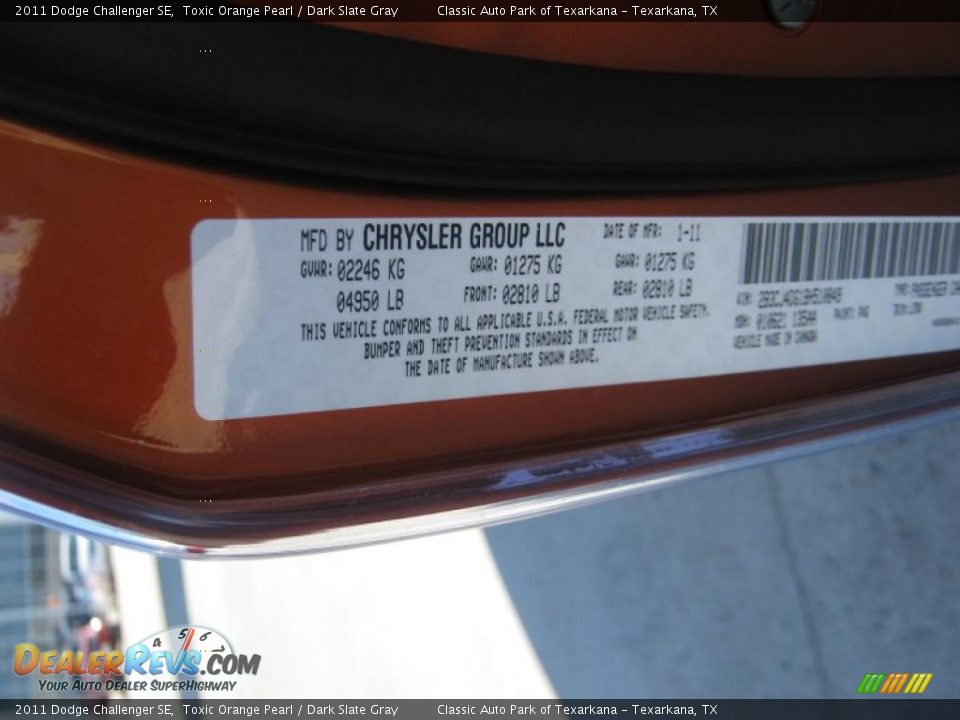 2011 Dodge Challenger SE Toxic Orange Pearl / Dark Slate Gray Photo #24