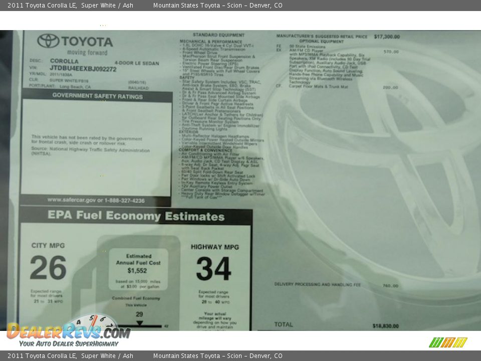 2011 Toyota Corolla LE Window Sticker Photo #9