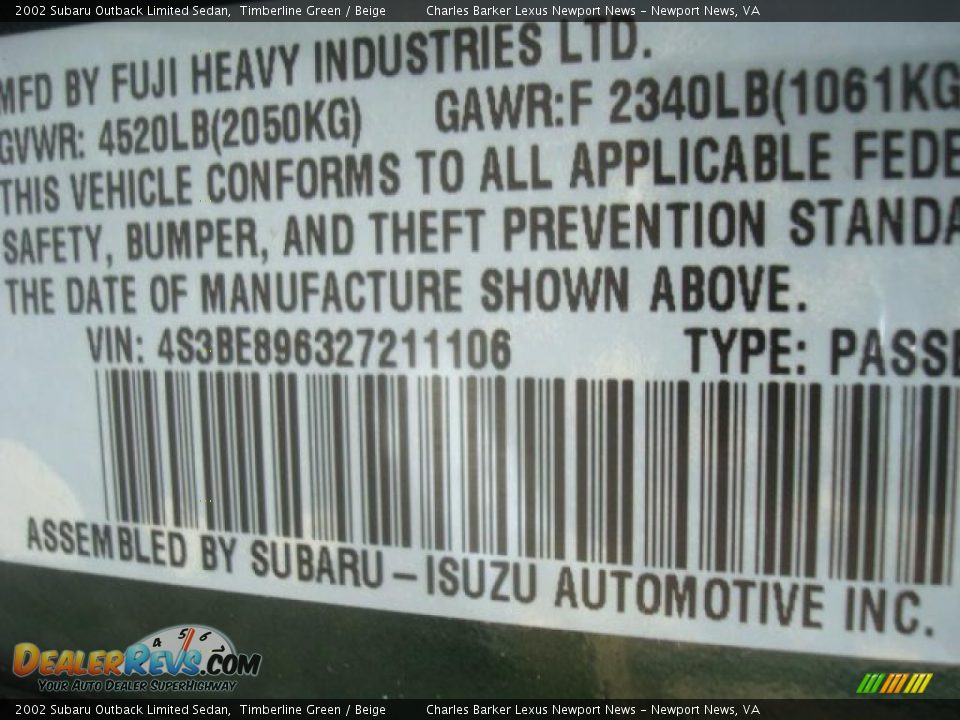 2002 Subaru Outback Limited Sedan Timberline Green / Beige Photo #25