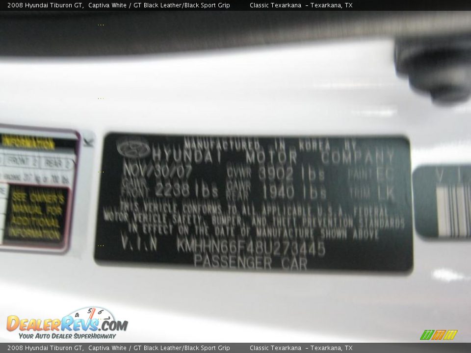 2008 Hyundai Tiburon GT Captiva White / GT Black Leather/Black Sport Grip Photo #24