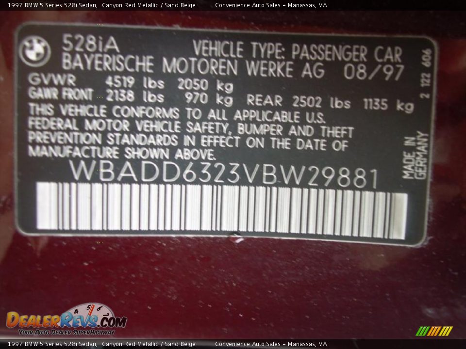 Info Tag of 1997 BMW 5 Series 528i Sedan Photo #10