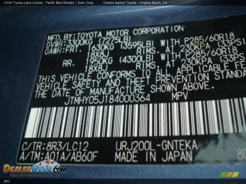 Toyota Color Code 8R3 Pacific Blue Metallic