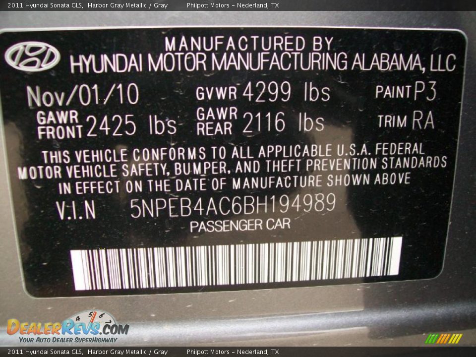 2011 Hyundai Sonata GLS Harbor Gray Metallic / Gray Photo #34