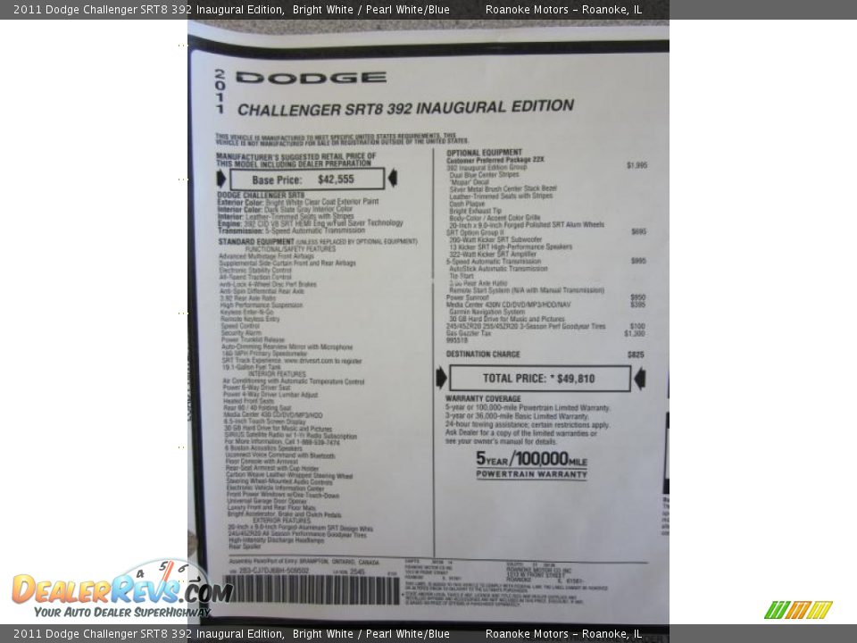 2011 Dodge Challenger SRT8 392 Inaugural Edition Window Sticker Photo #5
