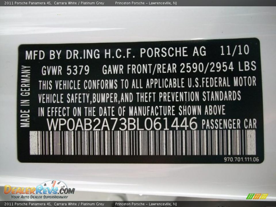 Info Tag of 2011 Porsche Panamera 4S Photo #32