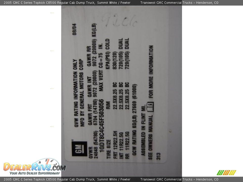 Info Tag of 2005 GMC C Series Topkick C8500 Regular Cab Dump Truck Photo #28