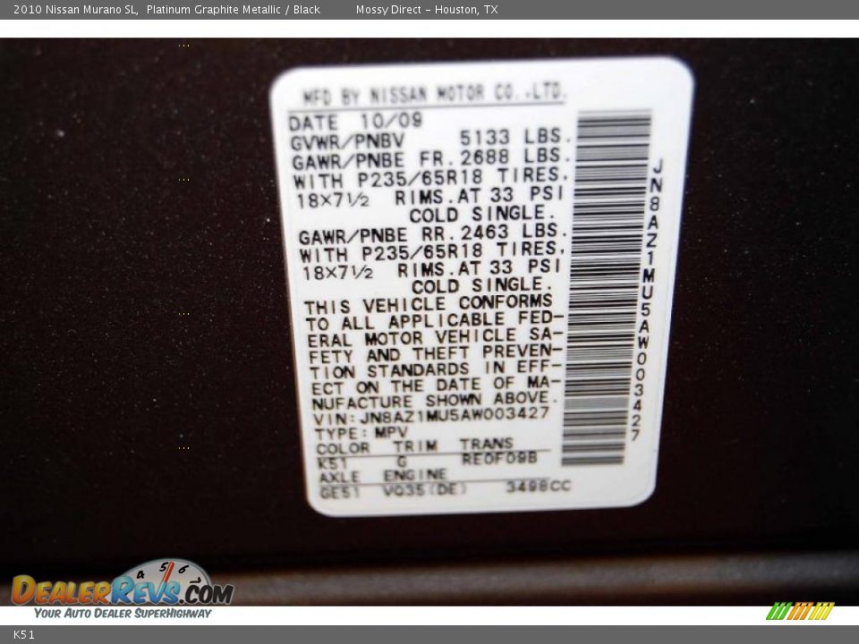 Nissan Color Code K51 Platinum Graphite Metallic