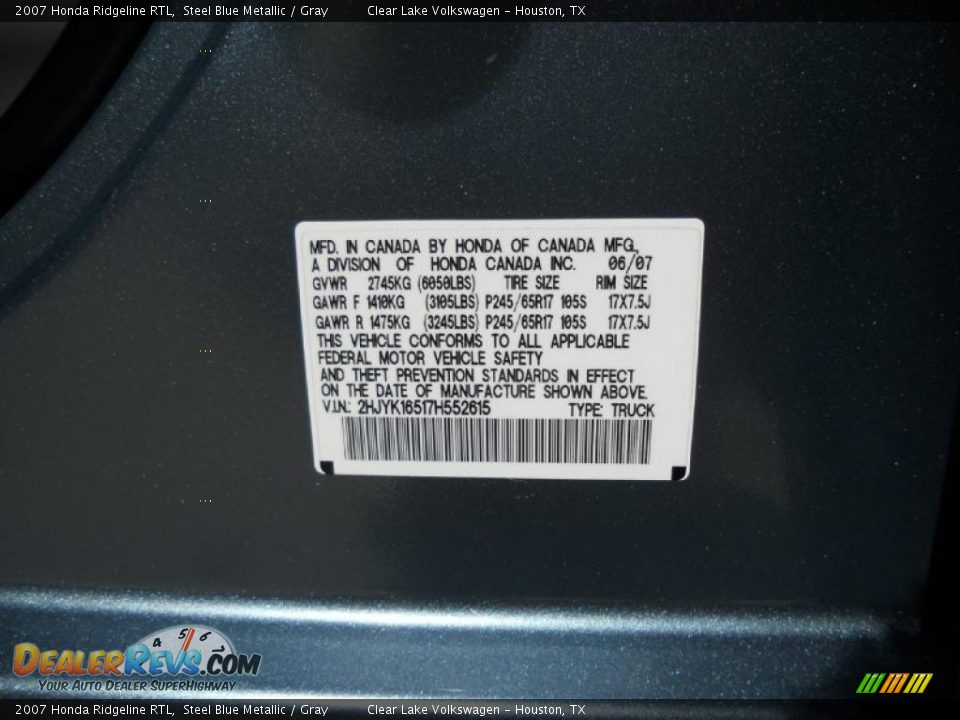 2007 Honda Ridgeline RTL Steel Blue Metallic / Gray Photo #28